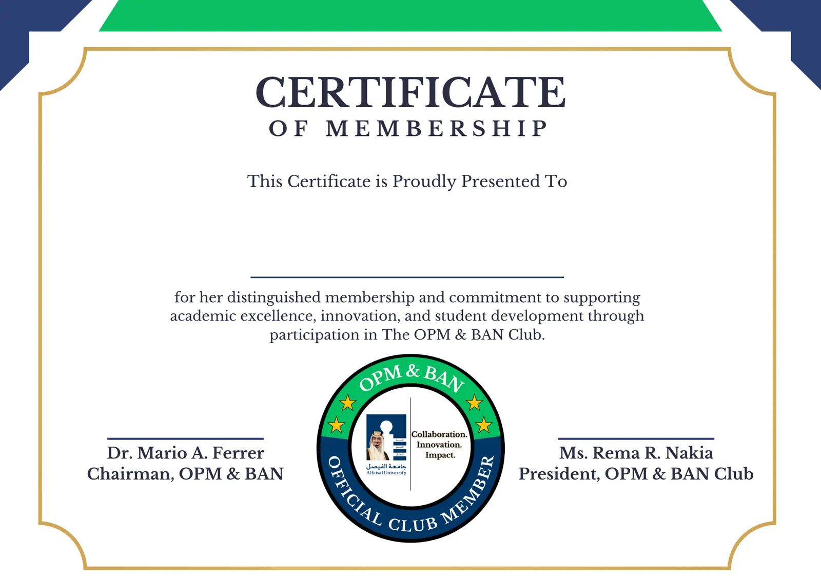 The club's certificate of membership, signed by Dr. Mario A. Ferrer and Dr. Younes Hamdouch